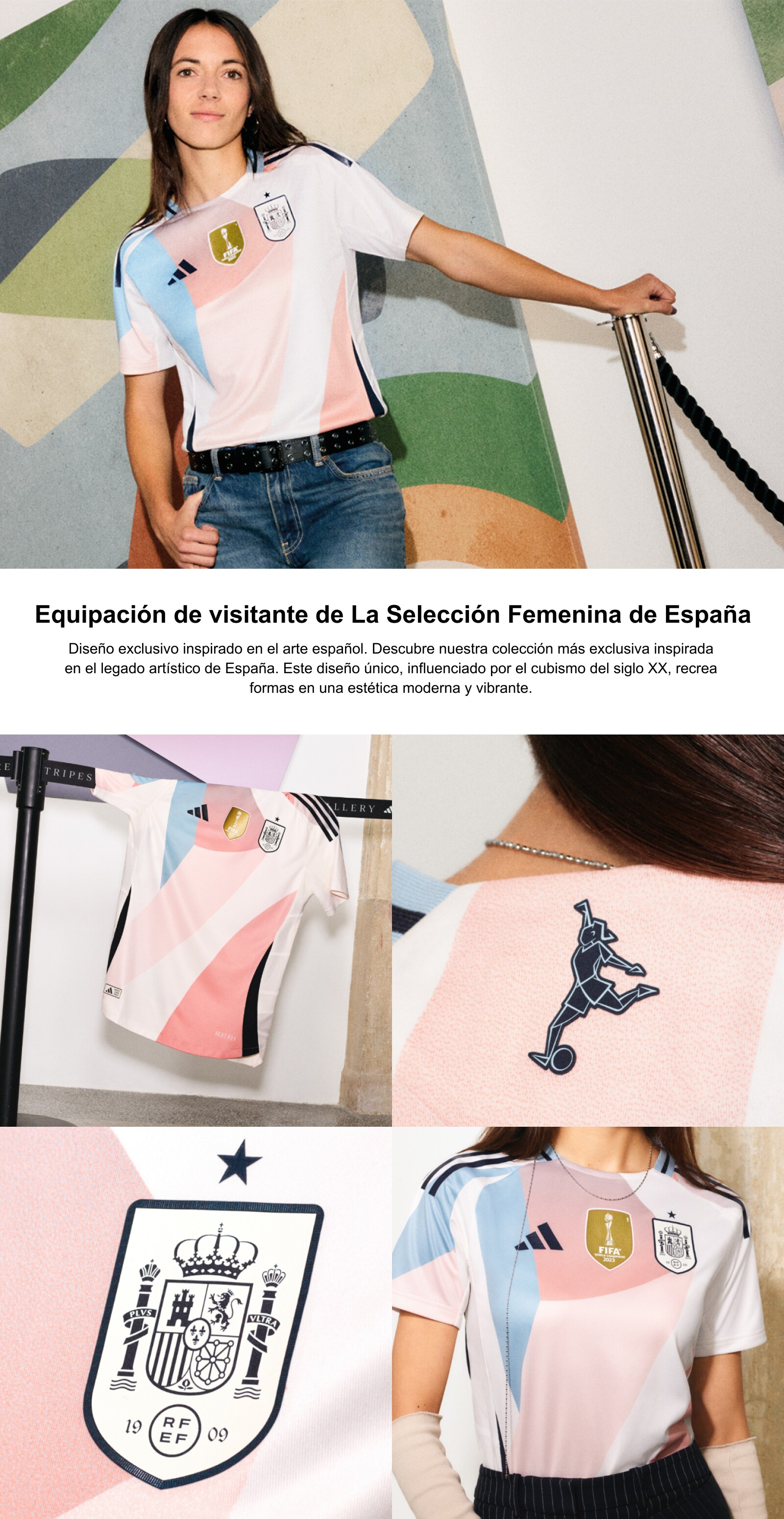 Equipación de visitante de La Selección Femenina de España. Diseño exclusivo inspirado en el arte español. Descubre nuestra colección más exclusiva inspirada en el legado artístico de España. Este diseño único, influenciado por el cubismo del siglo XX, recrea formas en una estética moderna y vibrante.